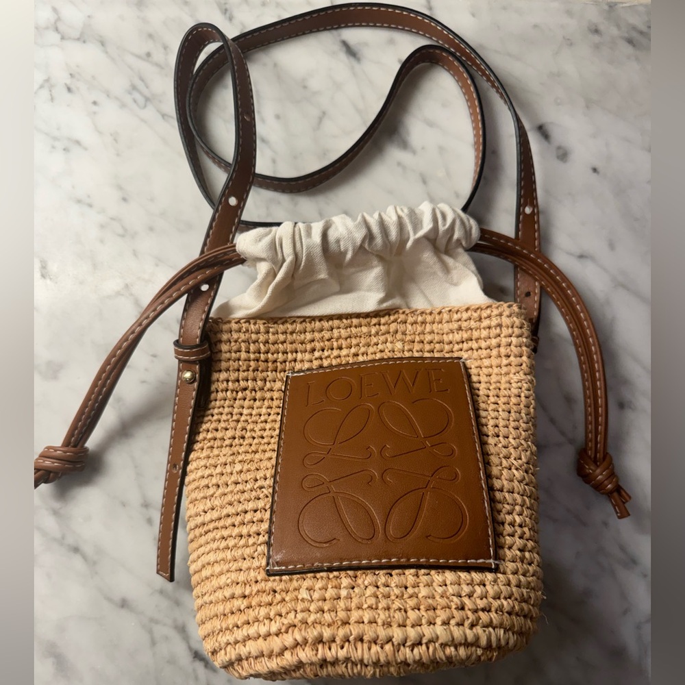 Loewe inspired Tan Raffia & Leather Drawstring Crossbody Bag